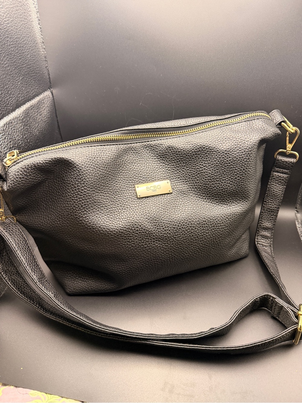 BCBG Black Pebbled Leather Crossbody with Gold Hardware